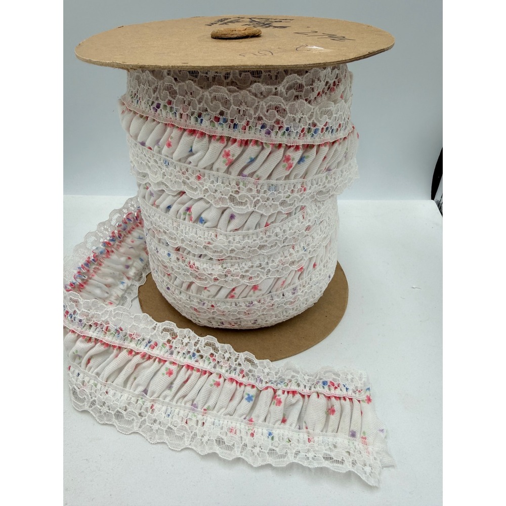 Ruffled Floral Lace Trim White Pink Blue Excellent Vintage Style 2" 12 oz Spool